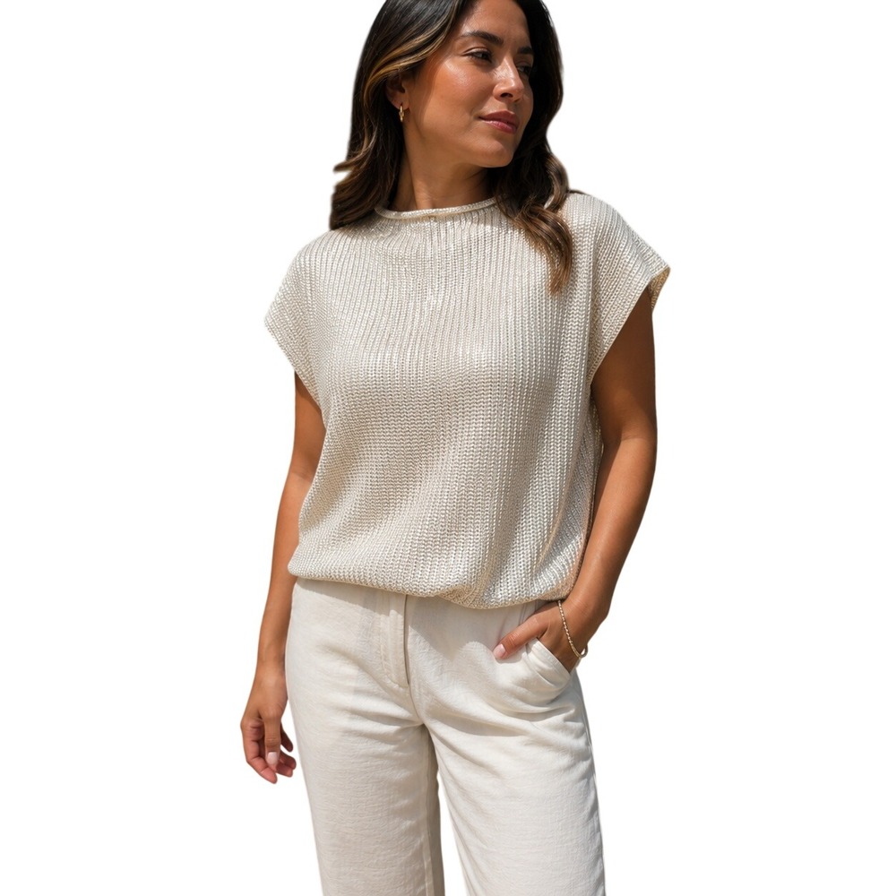 37 Orchard NWOT Women Silver Metallic Foil Mock Neck Sleeveless Knit Top Cream M